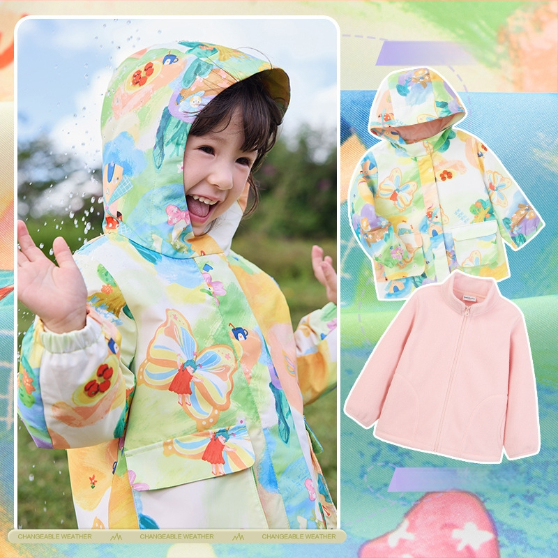 Bērnu ārējā jaka – divdaļīgs komplekts, ūdensnecaurlaidīga līdz 1000 mm, silta ar flīsa iekšpusi, vēja izturīga, kapuce noņemama, neilona audums, Cartoon raksts, vecuma grupai 3–4 gadiem (ūdensnecaurlaidīga līdz 1000 mm, silta ar flīsa iekšpusi, vēja iztur