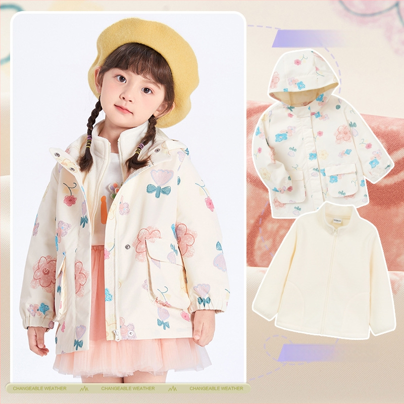 Bērnu ārējā jaka – divdaļīgs komplekts, ūdensnecaurlaidīga līdz 1000 mm, silta ar flīsa iekšpusi, vēja izturīga, kapuce noņemama, neilona audums, Cartoon raksts, vecuma grupai 3–4 gadiem (ūdensnecaurlaidīga līdz 1000 mm, silta ar flīsa iekšpusi, vēja iztur