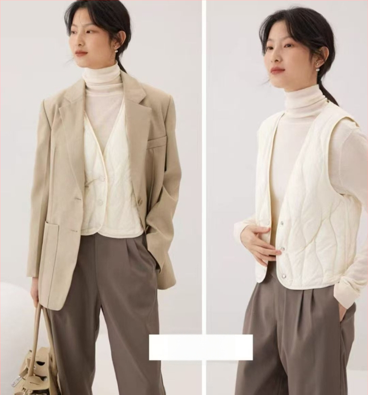 Ženski prsluk od najlona s vanjskim slojem, uski kroj, sadržaj down 86–90%, punjenje od bijelog pačjeg downa, prednja s tri gumba