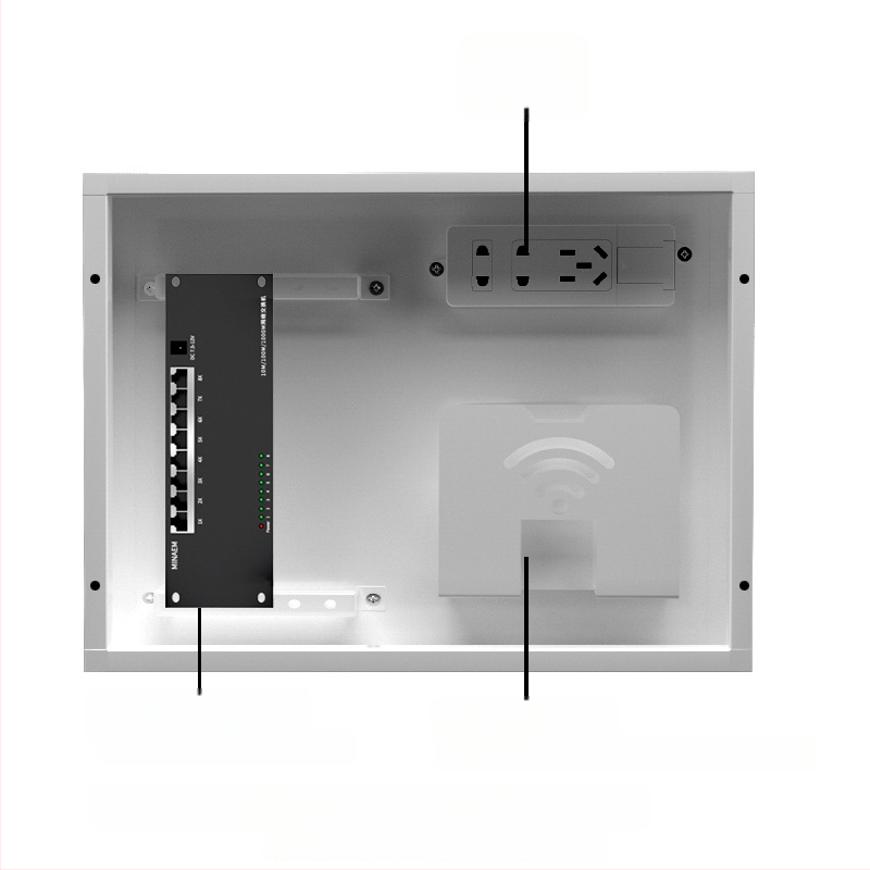 Cutie încastrată pentru joasă tensiune, cu modul multimedia pentru fibră optică, pentru utilizare în interior. Brand Minaem/Monsan. Carcasă și capac din ABS.