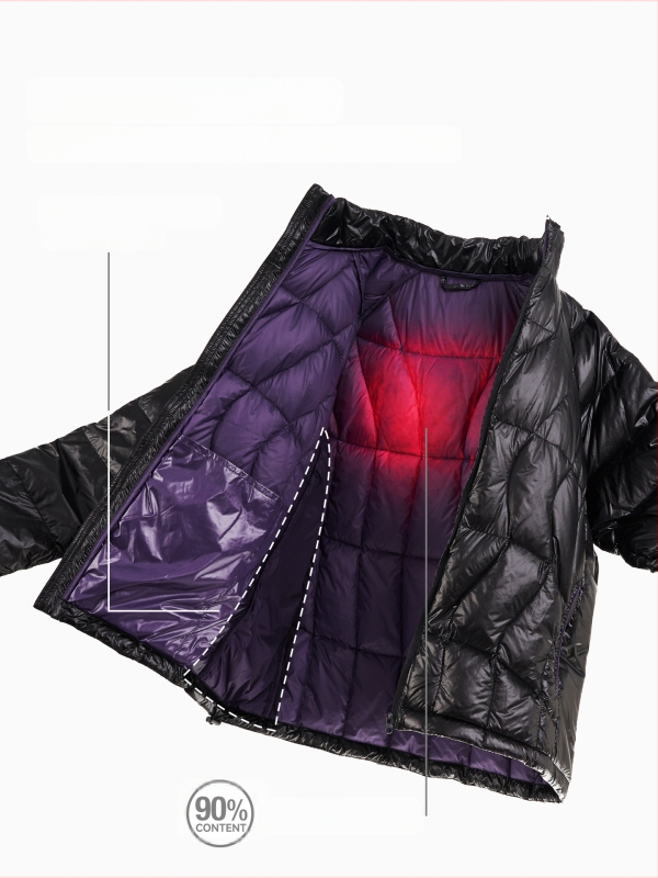 Férfi könnyű pehelykabát, állógalléros, összecsukható, 86–90% pehely, külső nylon