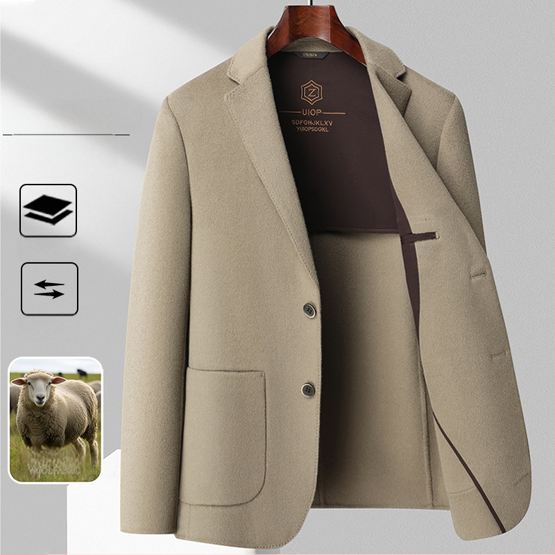 Мъжко двустранно палто от 100% чиста овча вълна, зимно, бизнес стил; еднобортно закопчаване; прилягащ силует; основна материя: вълна 96%+; подплата: полиестер; яка: костюмна