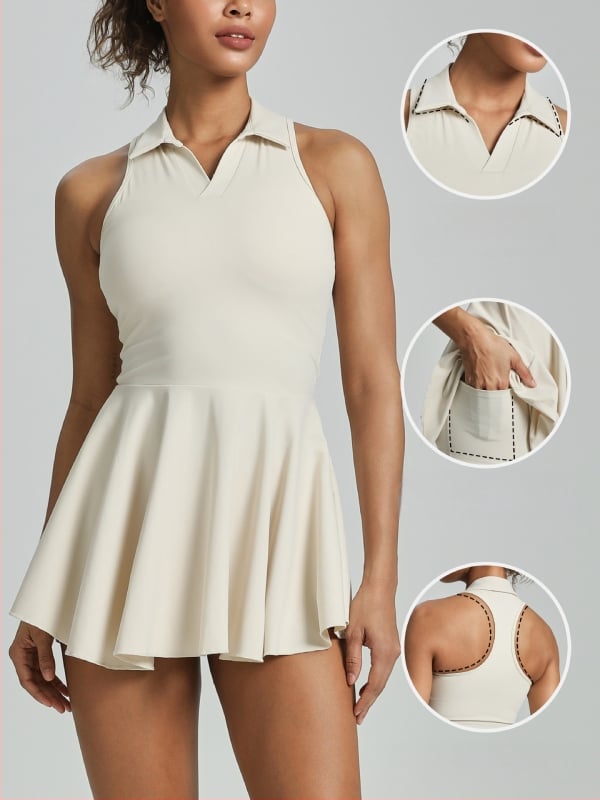 Moterų teniso suknelės komplektas, kvėpuojantis be rankovių, halterio kaklu ir liemens įtempimu, nailonas 75% + spandekso 25%