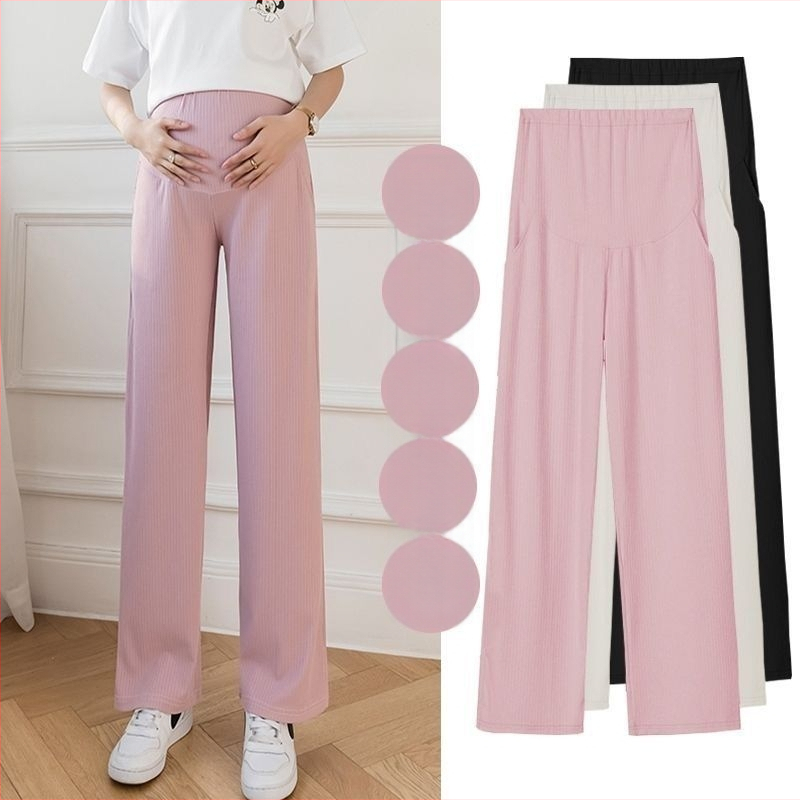 Pantaloni pentru gravide cu croială largă, țesătură subțire Ice Silk, susținere abdominală, lungime 9/10, poliester cu spandex