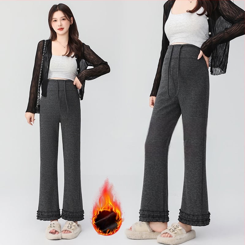 Pantaloni de maternitate cu talie înaltă, călduroși cu căptușeală fleece interioară, din amestec bumbac-poliester cu 50–70% elastan, lungime 9/10, croială lejeră