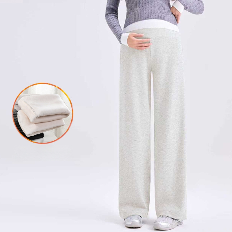 Pantaloni de maternitate cu croială largă și susținere pentru burtă, căptuțiți cu fleece gros pentru iarnă, croială lejeră, înaltă elasticitate, amestec poliester-viscoză