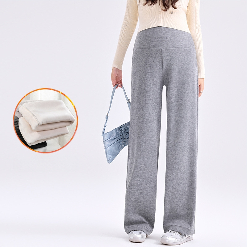 Pantaloni de maternitate cu croială largă și susținere pentru burtă, căptuțiți cu fleece gros pentru iarnă, croială lejeră, înaltă elasticitate, amestec poliester-viscoză