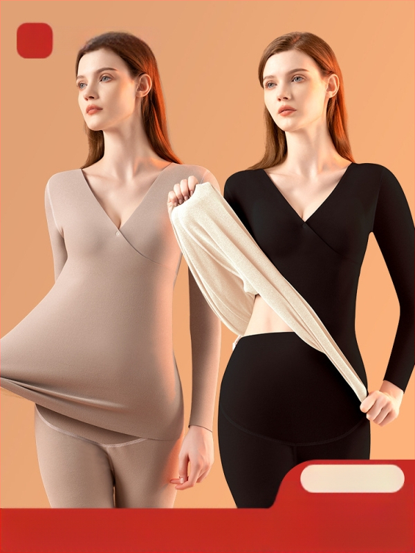 Termālā apakšveļa grūtniecēm ar barošanas atveri un fleece iekšējo apdari, garām piedurknēm tops un bikses, 90–95% poliesters