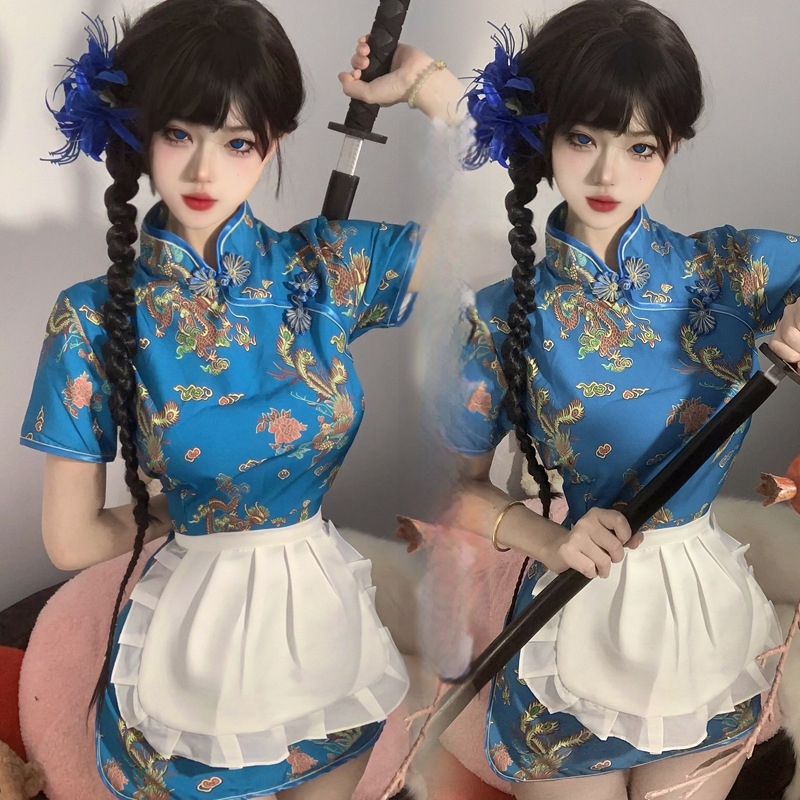 Hímzett cheongsam jelmez szerepjátékhoz — poliészter, fő anyag 95–100%, inspiráció: szolgálólány és szakács