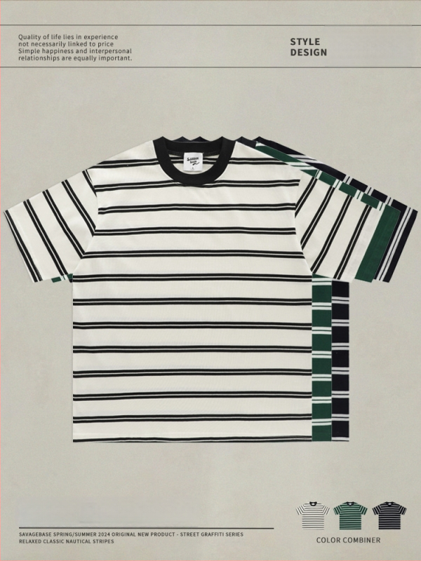 T-krekliņš ar īsām piedurknēm, japāņu vintage stils, svītras, crewneck apkakle, brīvs piegriezums, 260 g smags kokvilnas audums