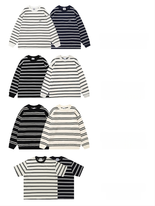 T-krekliņš ar īsām piedurknēm, japāņu vintage stils, svītras, crewneck apkakle, brīvs piegriezums, 260 g smags kokvilnas audums