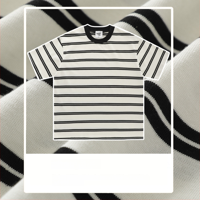 T-krekliņš ar īsām piedurknēm, japāņu vintage stils, svītras, crewneck apkakle, brīvs piegriezums, 260 g smags kokvilnas audums