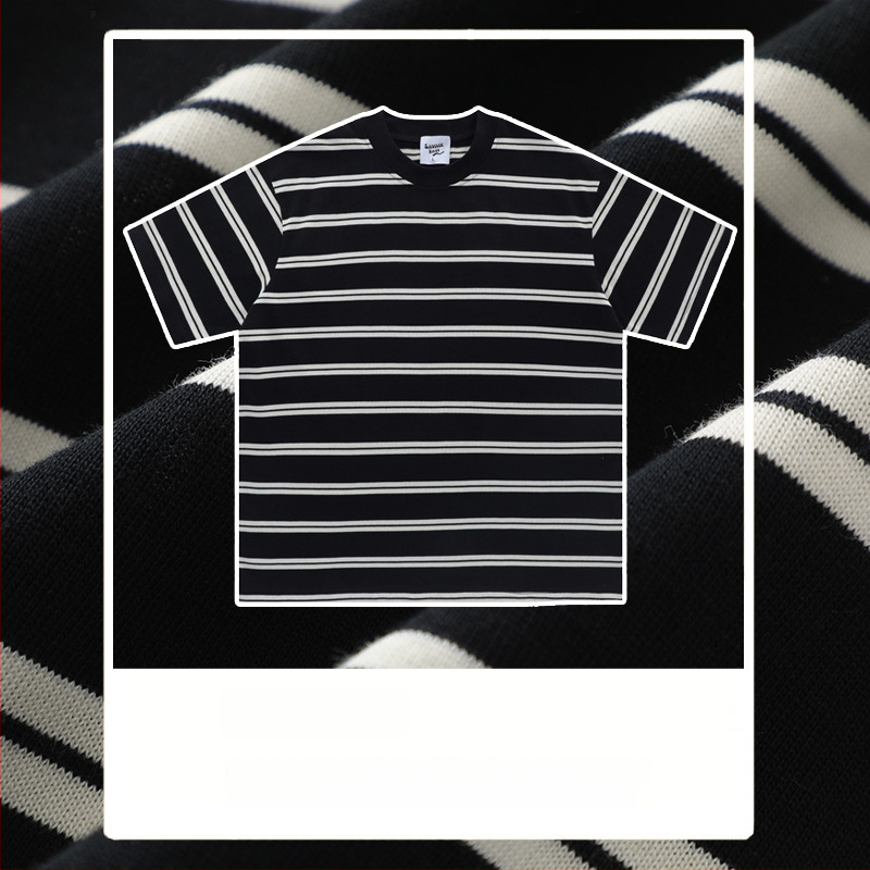 T-krekliņš ar īsām piedurknēm, japāņu vintage stils, svītras, crewneck apkakle, brīvs piegriezums, 260 g smags kokvilnas audums