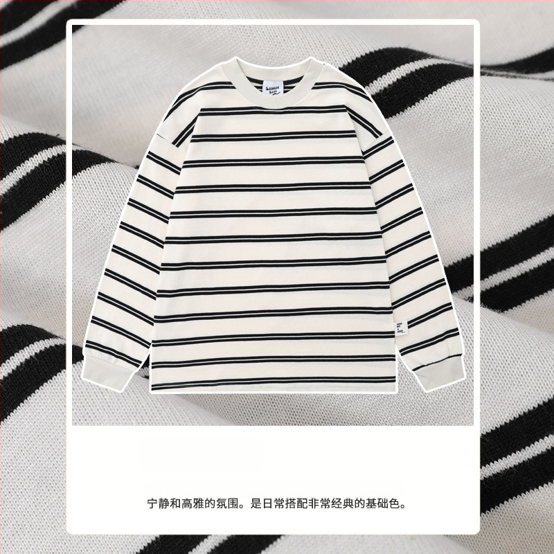 T-krekliņš ar īsām piedurknēm, japāņu vintage stils, svītras, crewneck apkakle, brīvs piegriezums, 260 g smags kokvilnas audums