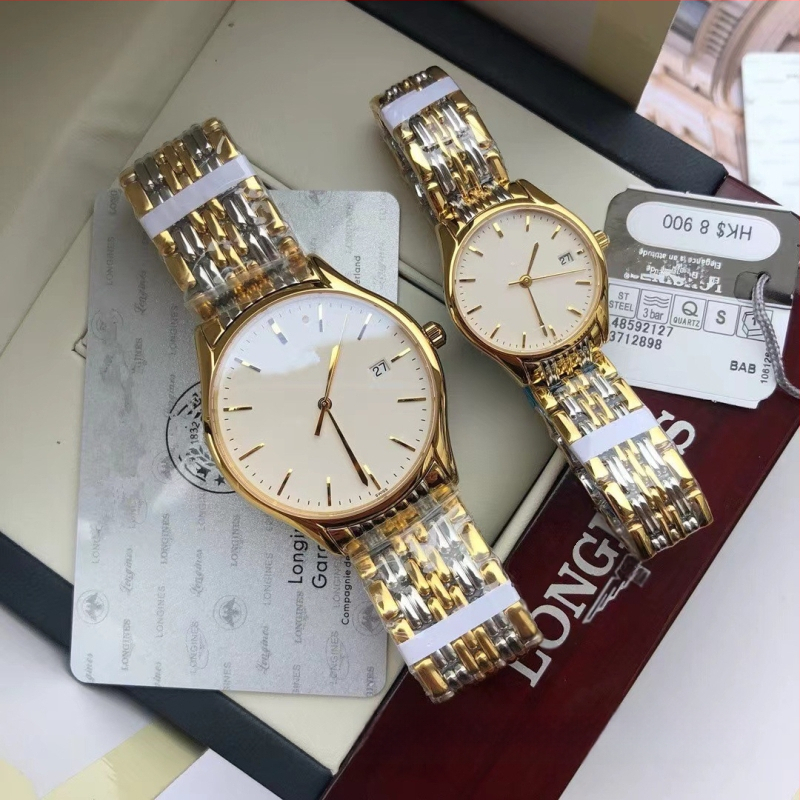 Кварцов часовник за двойки, корпус и каишка от неръждаема стомана, кръгъл циферблат, двойна катарама