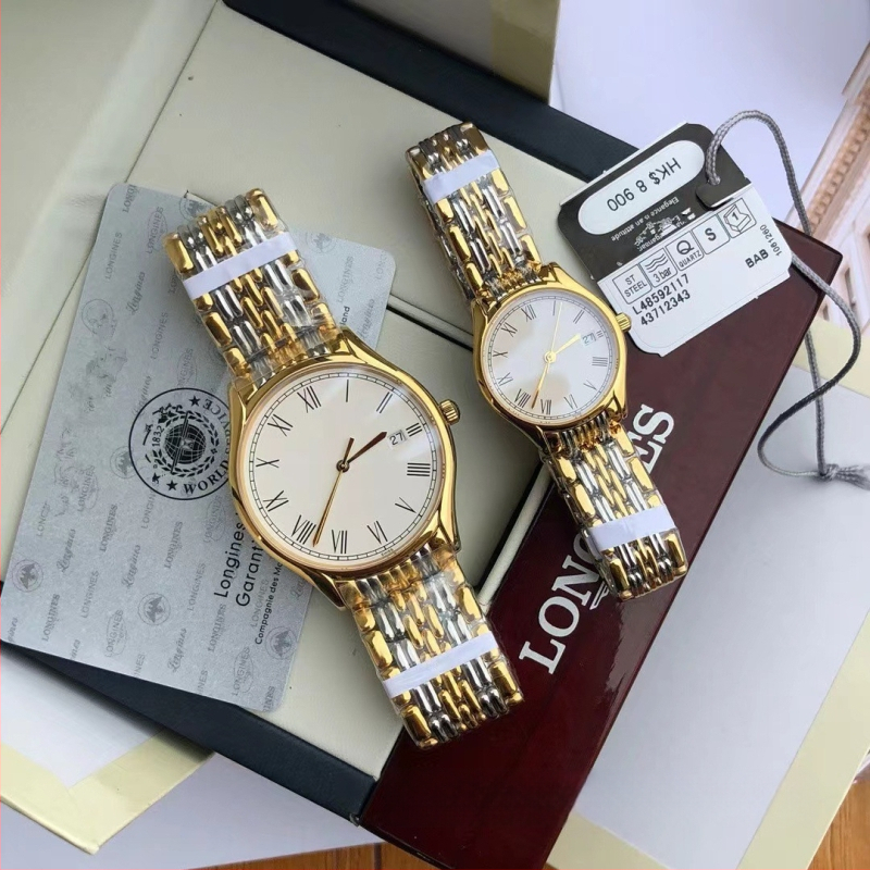 Кварцов часовник за двойки, корпус и каишка от неръждаема стомана, кръгъл циферблат, двойна катарама