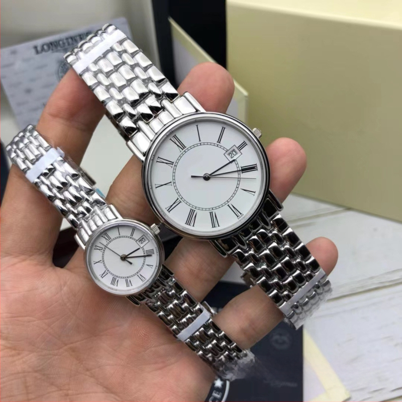 Кварцов часовник за двойки, корпус и каишка от неръждаема стомана, кръгъл циферблат, двойна катарама