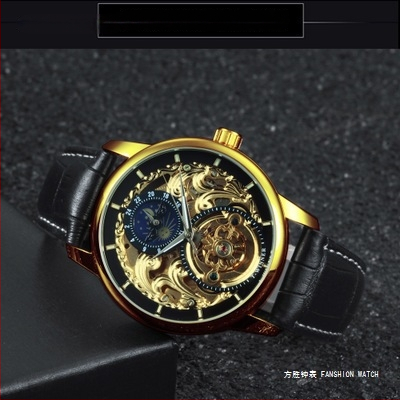 Winner Мъжки напълно автоматичен механичен часовник с лунна фаза, 24-часова индикация, светещ в тъмното, кожена каишка, водоустойчив до 30 м