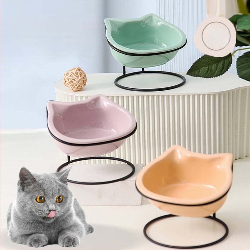 Κεραμικό μπολ για γάτες με μεταλλικό πλαίσιο, γωνιακή τροφοδοσία και στήριξη αυχένα, 400 g