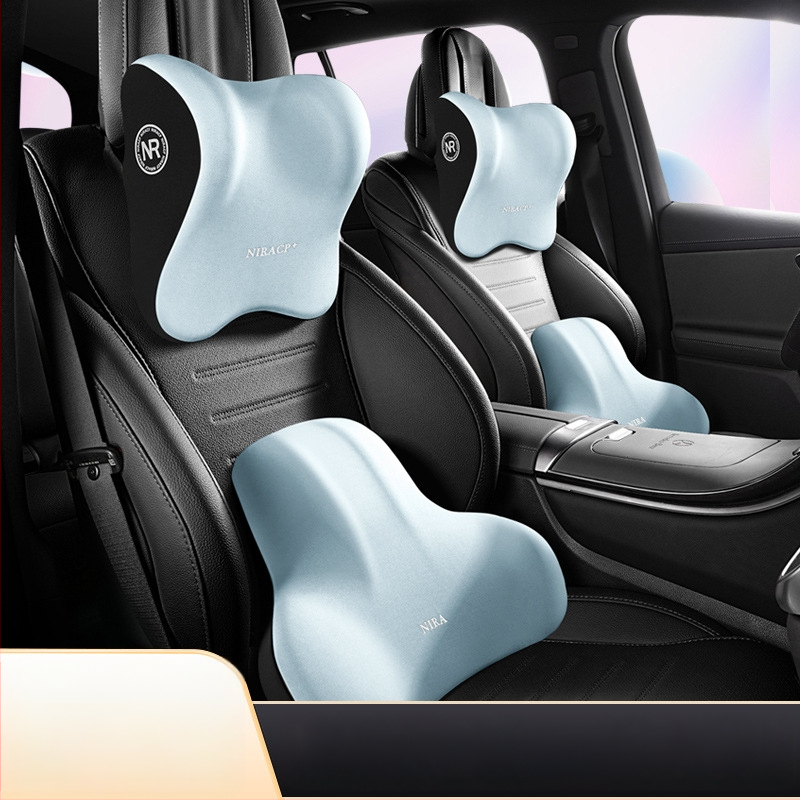Automobiļa jostas atbalsta un galvas balsts ar atmiņas putām, materiāls Milk Silk, raksts Buddo, iespēja logotipa drukāšanai, universāla savietojamība