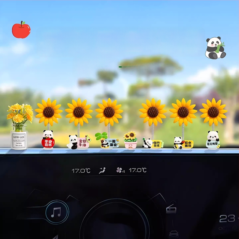 Auto iekšējā dekora priekšmets ar ļoti mīļu panda un sunflower; arī piemērots kā biroja dekors; ideāla dāvana kāzām, dzimšanas dienām, svētkiem, pārcelšanai un apbalvojumiem.