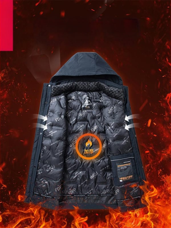 Vīriešu ziemas jaka ar kapuci, kokvilnas pildījums, noņemama iekšējā oderējums, flīsa iekšējā oderējums, poliestera audums, rāvējslēdzēja kabatas