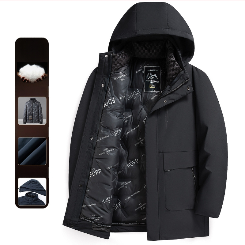 Vīriešu ziemas jaka ar kapuci, kokvilnas pildījums, noņemama iekšējā oderējums, flīsa iekšējā oderējums, poliestera audums, rāvējslēdzēja kabatas