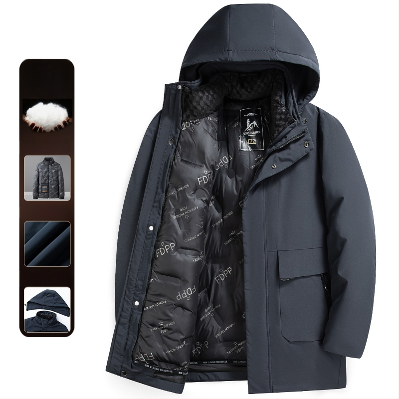 Vīriešu ziemas jaka ar kapuci, kokvilnas pildījums, noņemama iekšējā oderējums, flīsa iekšējā oderējums, poliestera audums, rāvējslēdzēja kabatas