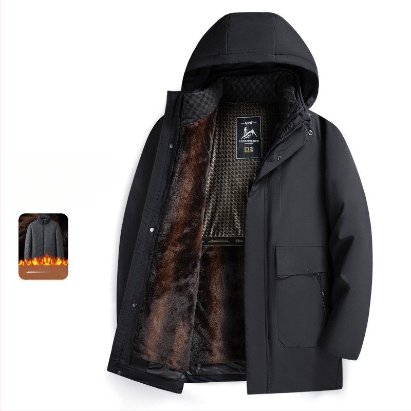 Vīriešu ziemas jaka ar kapuci, kokvilnas pildījums, noņemama iekšējā oderējums, flīsa iekšējā oderējums, poliestera audums, rāvējslēdzēja kabatas