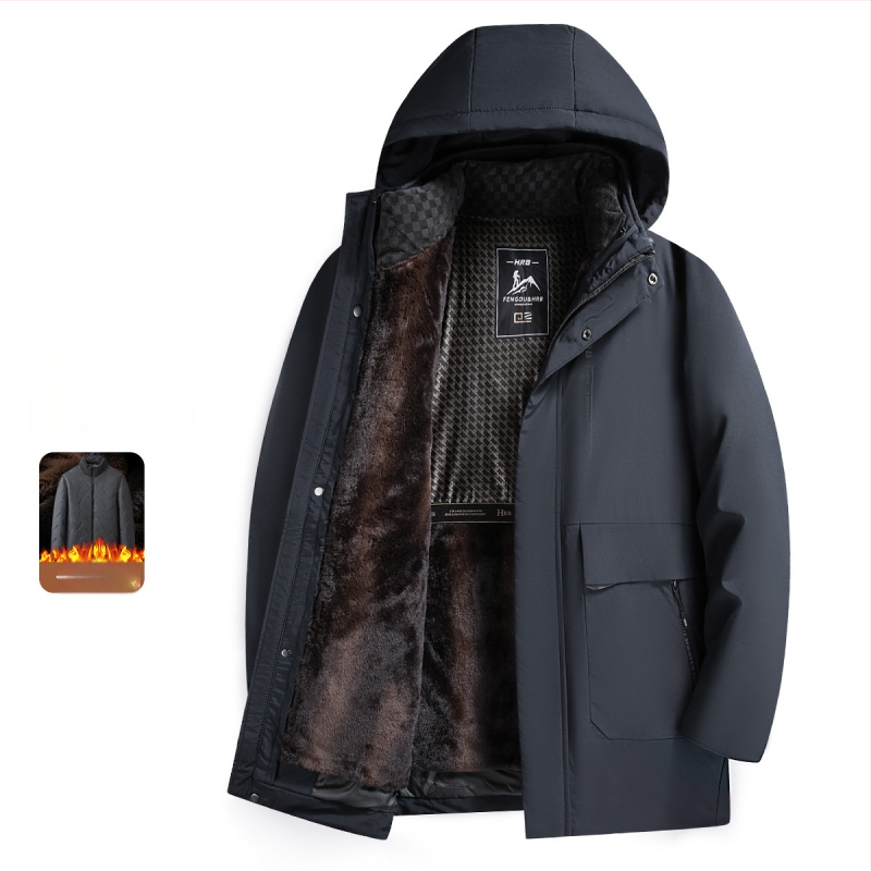 Vīriešu ziemas jaka ar kapuci, kokvilnas pildījums, noņemama iekšējā oderējums, flīsa iekšējā oderējums, poliestera audums, rāvējslēdzēja kabatas