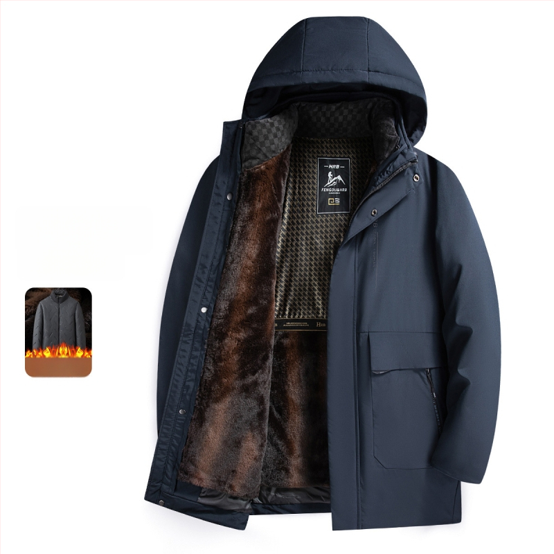 Vīriešu ziemas jaka ar kapuci, kokvilnas pildījums, noņemama iekšējā oderējums, flīsa iekšējā oderējums, poliestera audums, rāvējslēdzēja kabatas