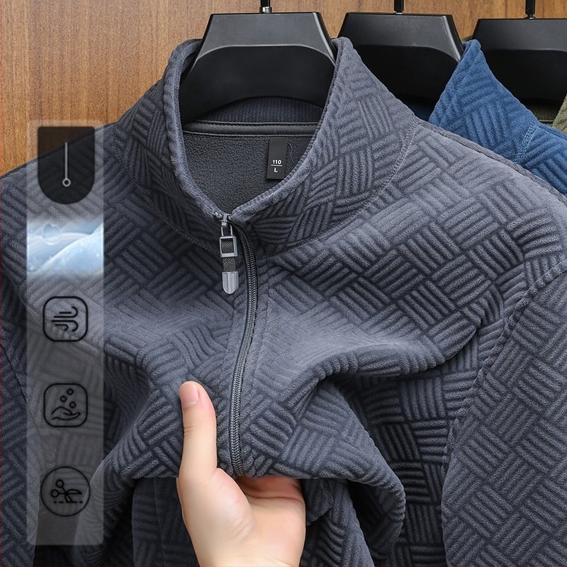 Vīriešu jaka ar poliestera flīsa oderi, rāvējslēdzējs, augsta apkakle, jacquard raksts, minimālistisks stils, piemērota pavasarim un rudenim