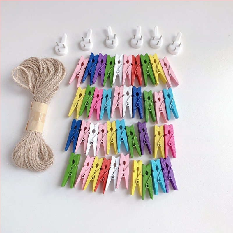 Drvena klipsa za fotografije s konopnim užetom za zidni prikaz – pogodna za sobu i učionicu. Marka: Other; Materijal: Drvo; Tip proizvoda: Hand ledger.