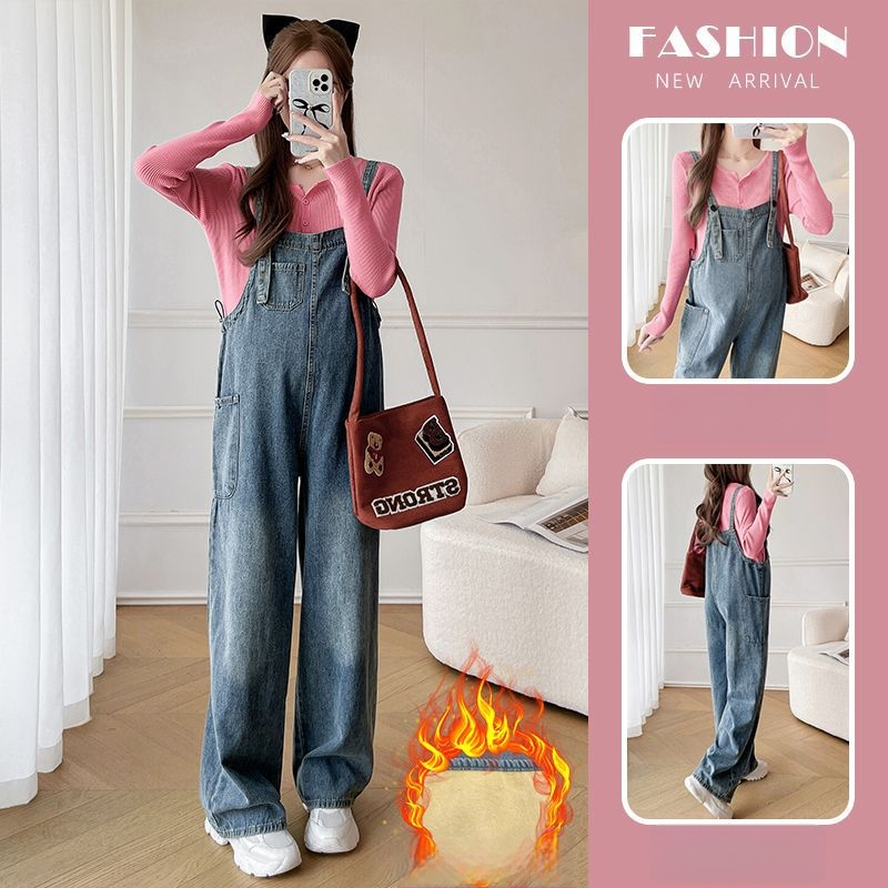 Grūtnieču komplekts: džinsa overāls ar siksnām un adīts garām piedurknēm tops, rudens–ziemas stilam, 3/4 garuma bikses