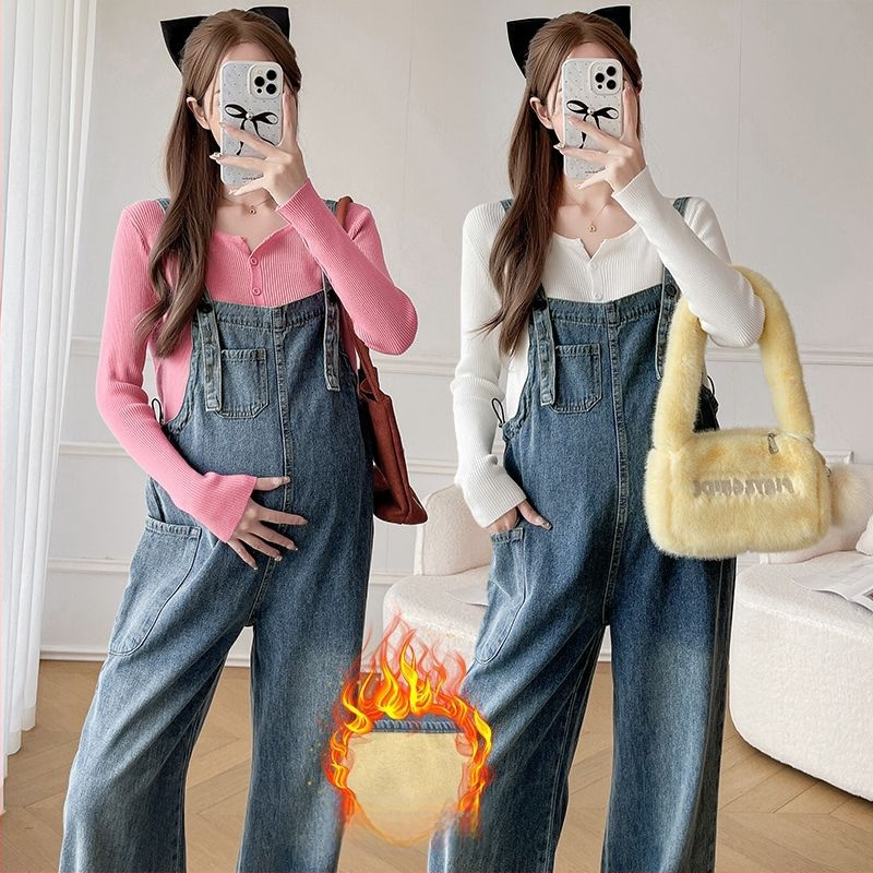 Grūtnieču komplekts: džinsa overāls ar siksnām un adīts garām piedurknēm tops, rudens–ziemas stilam, 3/4 garuma bikses