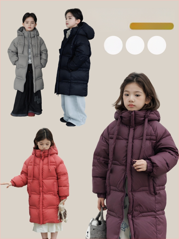 Bērnu pūka jaka, unisex, ar kapuci, ziemas biezāka; 50–55% balta pīļu pūka; ārējais neilons, oderes poliesters; piemērots 8+ gadu vecuma bērniem