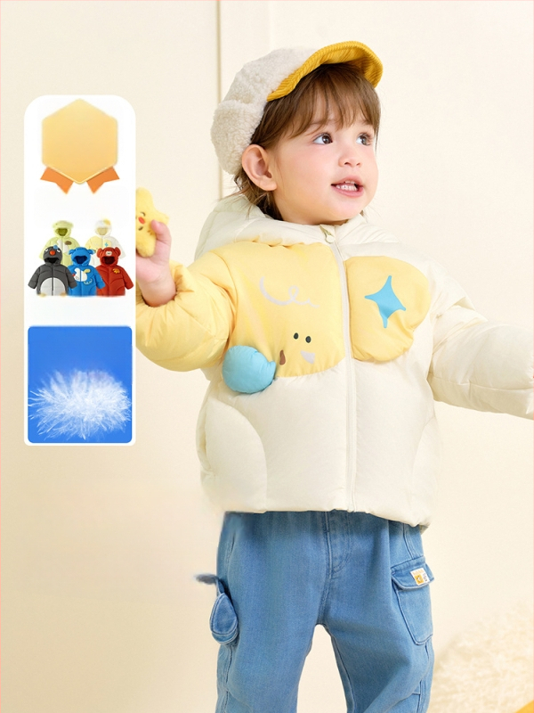 Unisex bērnu pūš jaka ar kapuci, vidēja garuma ziemas jaka, pildījums no balta pīļu pūka, brīvā piegriezums