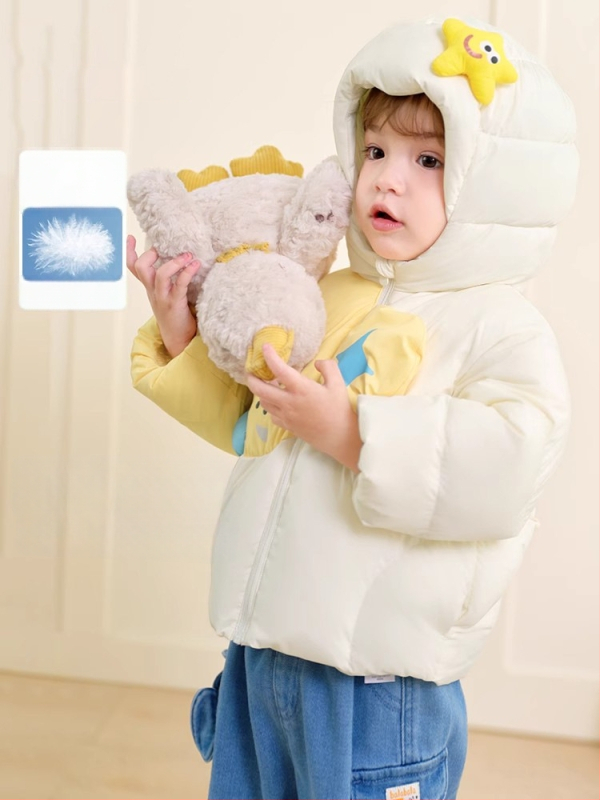Unisex bērnu pūš jaka ar kapuci, vidēja garuma ziemas jaka, pildījums no balta pīļu pūka, brīvā piegriezums
