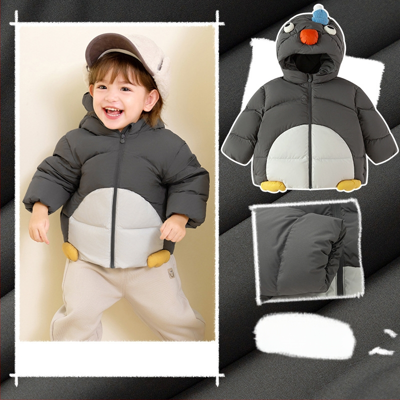 Unisex bērnu pūš jaka ar kapuci, vidēja garuma ziemas jaka, pildījums no balta pīļu pūka, brīvā piegriezums