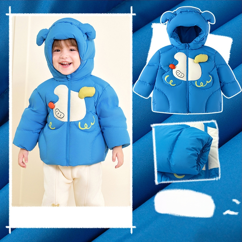 Unisex bērnu pūš jaka ar kapuci, vidēja garuma ziemas jaka, pildījums no balta pīļu pūka, brīvā piegriezums