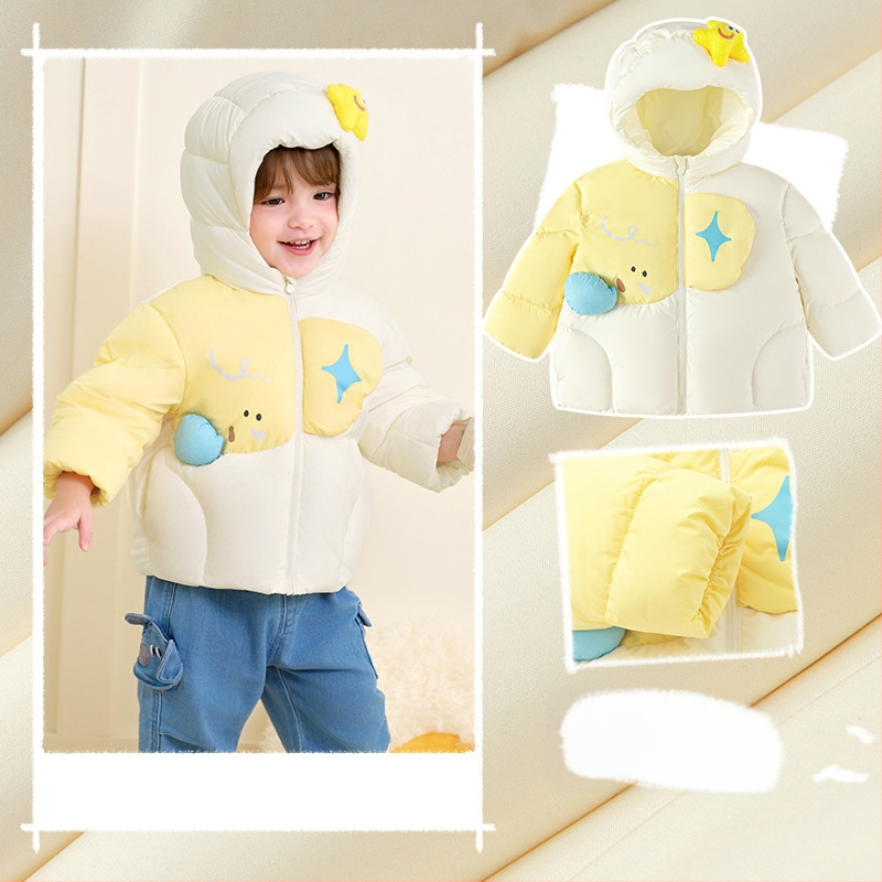 Unisex bērnu pūš jaka ar kapuci, vidēja garuma ziemas jaka, pildījums no balta pīļu pūka, brīvā piegriezums