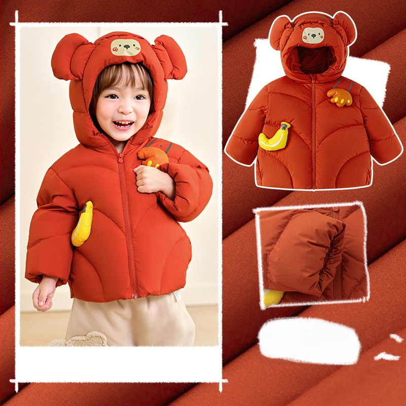 Unisex bērnu pūš jaka ar kapuci, vidēja garuma ziemas jaka, pildījums no balta pīļu pūka, brīvā piegriezums