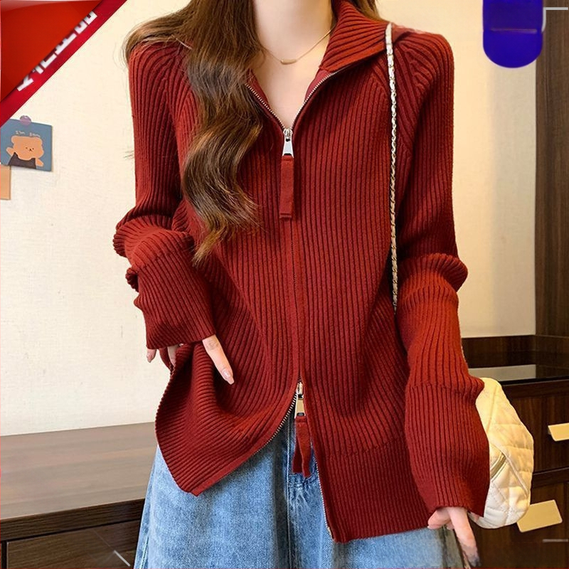 Sieviešu Chenille adītais kardigans ar rāvējslēdzēju, augstu apkakli, princeses piedurknēm, vidēja garuma – pavasaris 2025