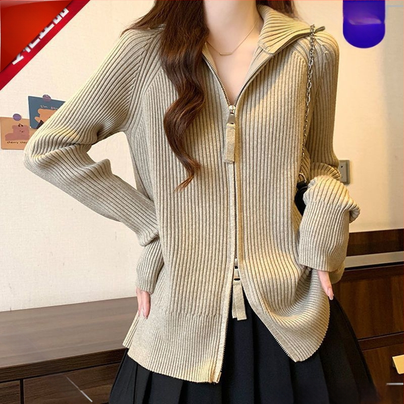 Sieviešu Chenille adītais kardigans ar rāvējslēdzēju, augstu apkakli, princeses piedurknēm, vidēja garuma – pavasaris 2025