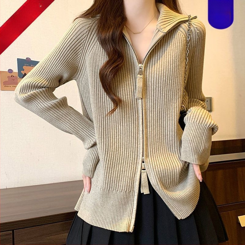 Sieviešu Chenille adītais kardigans ar rāvējslēdzēju, augstu apkakli, princeses piedurknēm, vidēja garuma – pavasaris 2025