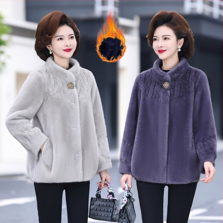 Moterų Mink Velvet paltas su kailine apykakle, Chenille audinys su elastanu, trumpas ilgis, ragų rankovės