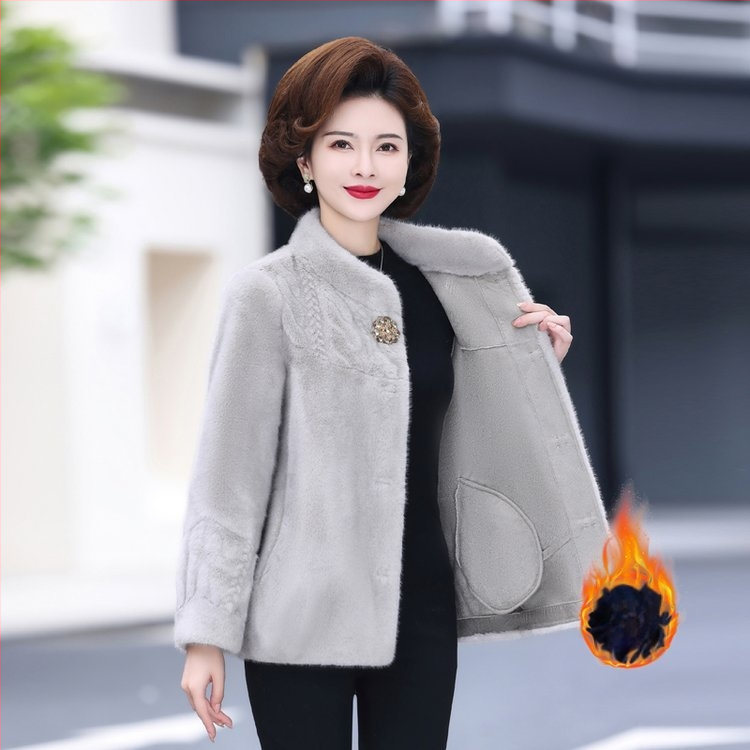 Moterų Mink Velvet paltas su kailine apykakle, Chenille audinys su elastanu, trumpas ilgis, ragų rankovės