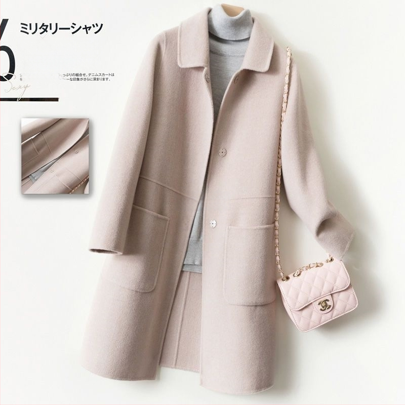 Moteriškas Chenille paltas, vidutinio ilgio, doll collar, siaura kirpimo, vienalytis raštas