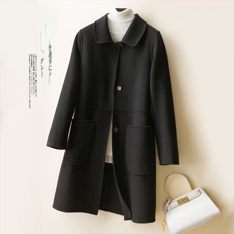 Moteriškas Chenille paltas, vidutinio ilgio, doll collar, siaura kirpimo, vienalytis raštas