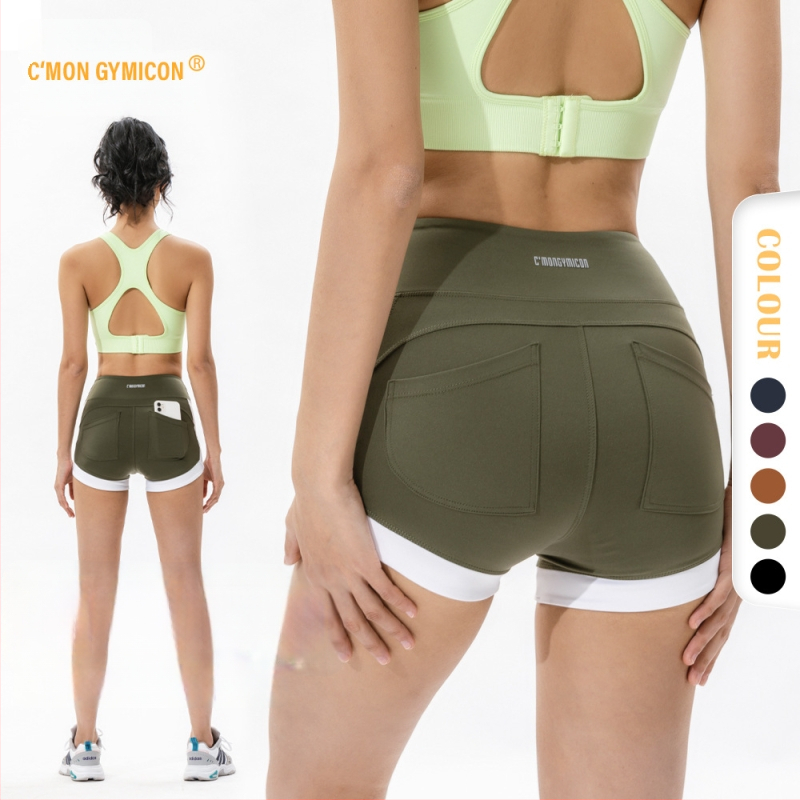 Sieviešu sporta šorti ar augstu vidukli un kabatām, gūžas pacēlājs, mitruma vadīšana un ātra žūšana, neilona maisījums